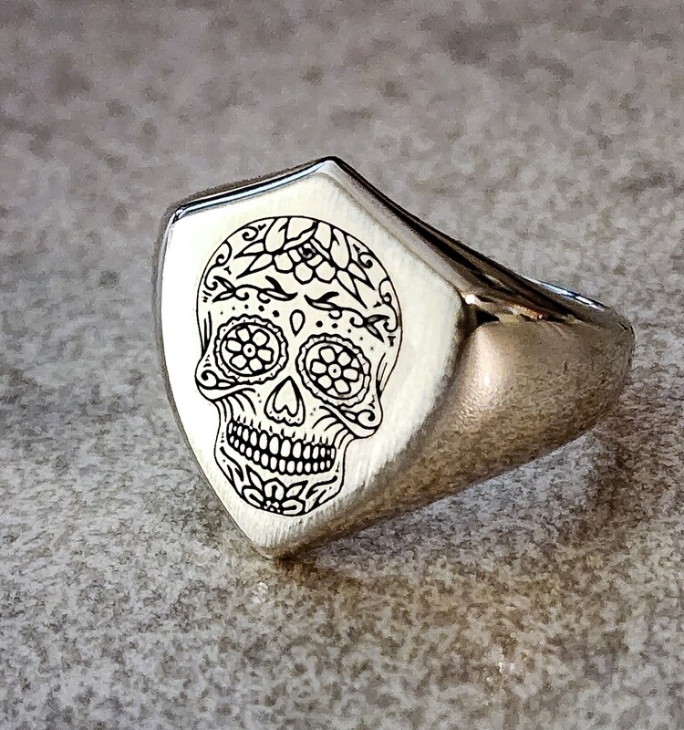 Shield Sugar Skull Signet Ring