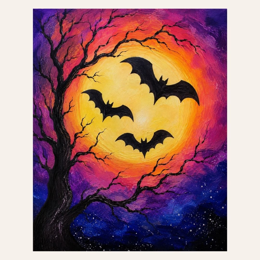 Paint &amp; Sip “Bats in the Colorful Night Sky” Sat Oct 31 2:00-4:00pm