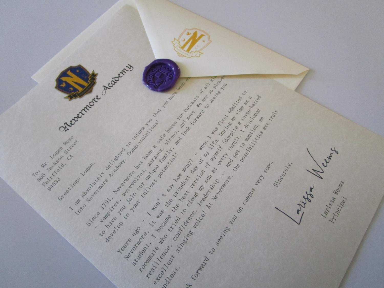 Nevermore Academy Acceptance or Rejection Letter, Style: Acceptance