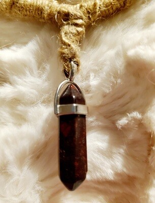 Hemp Necklace with unpolished Amethyst and other pendants weaved into necklace.