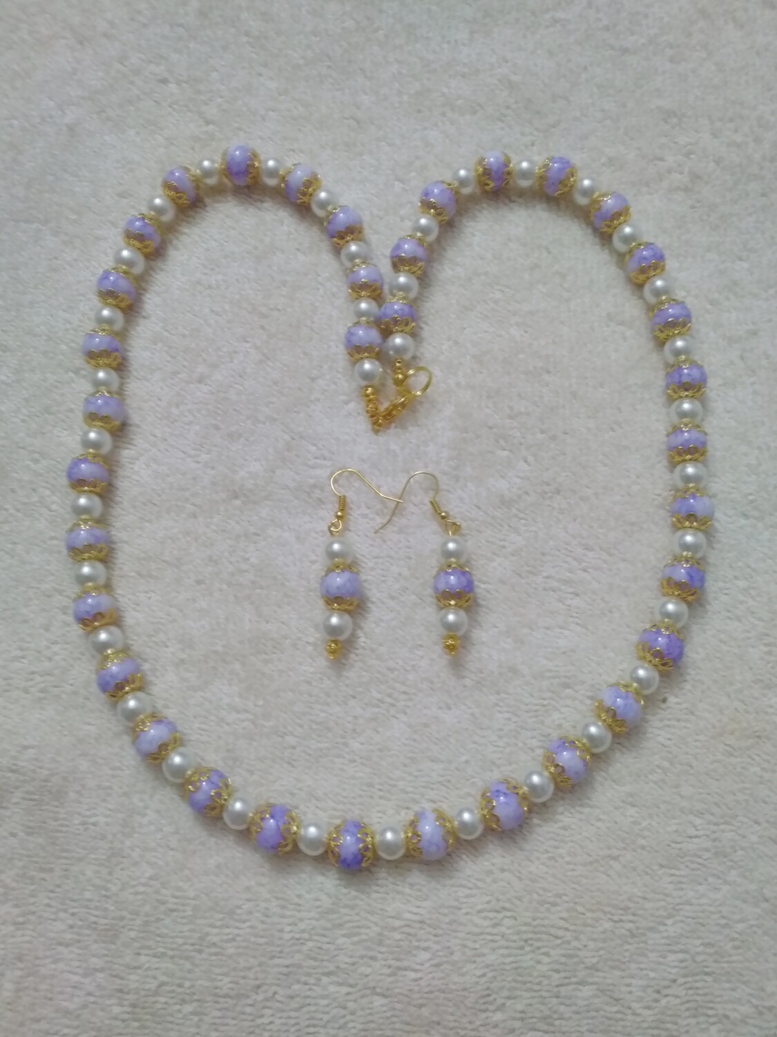 Purple &amp; white Beaded Jewelry Set