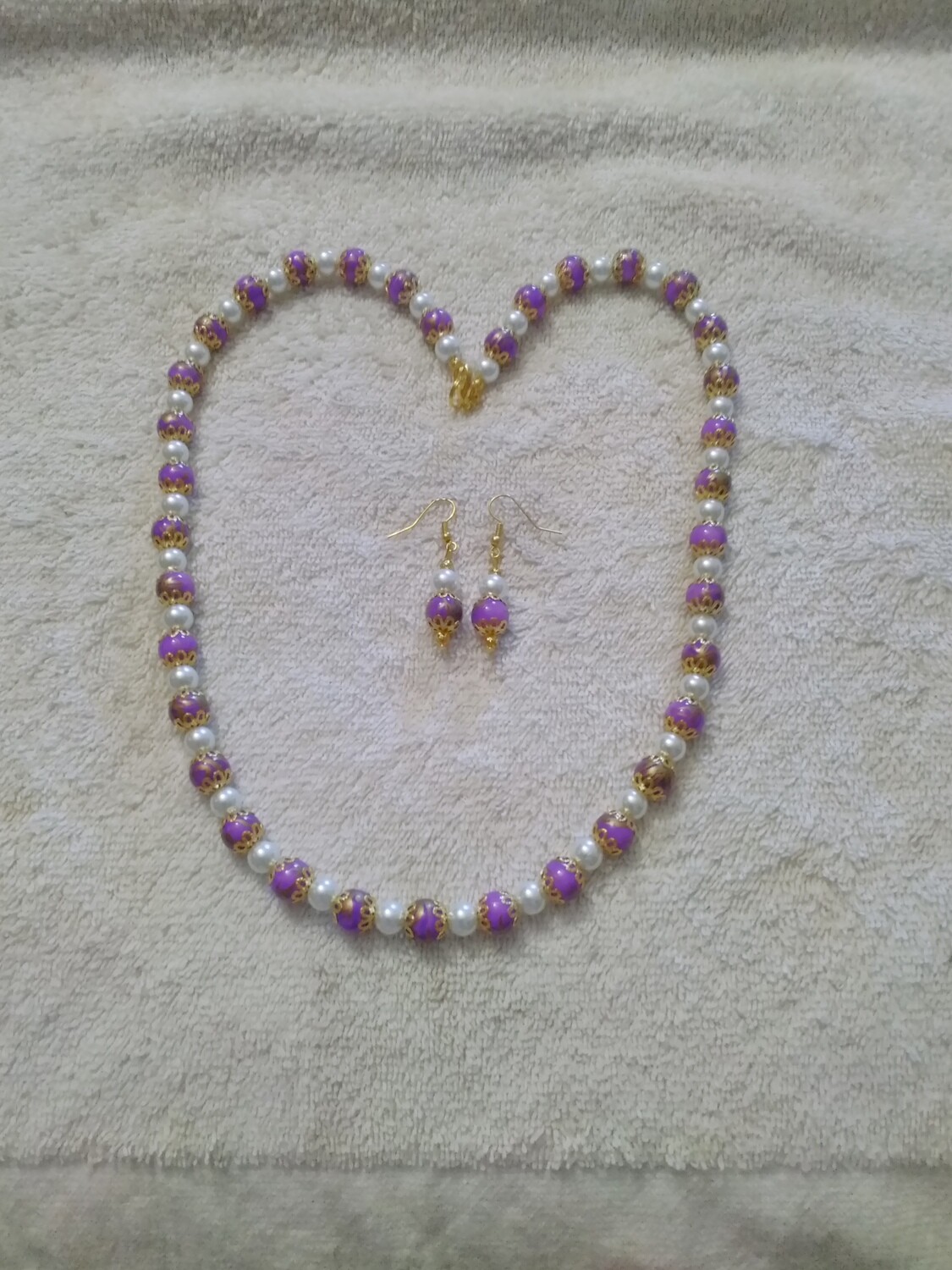 Purple &amp; White Beaded Jewelry Set