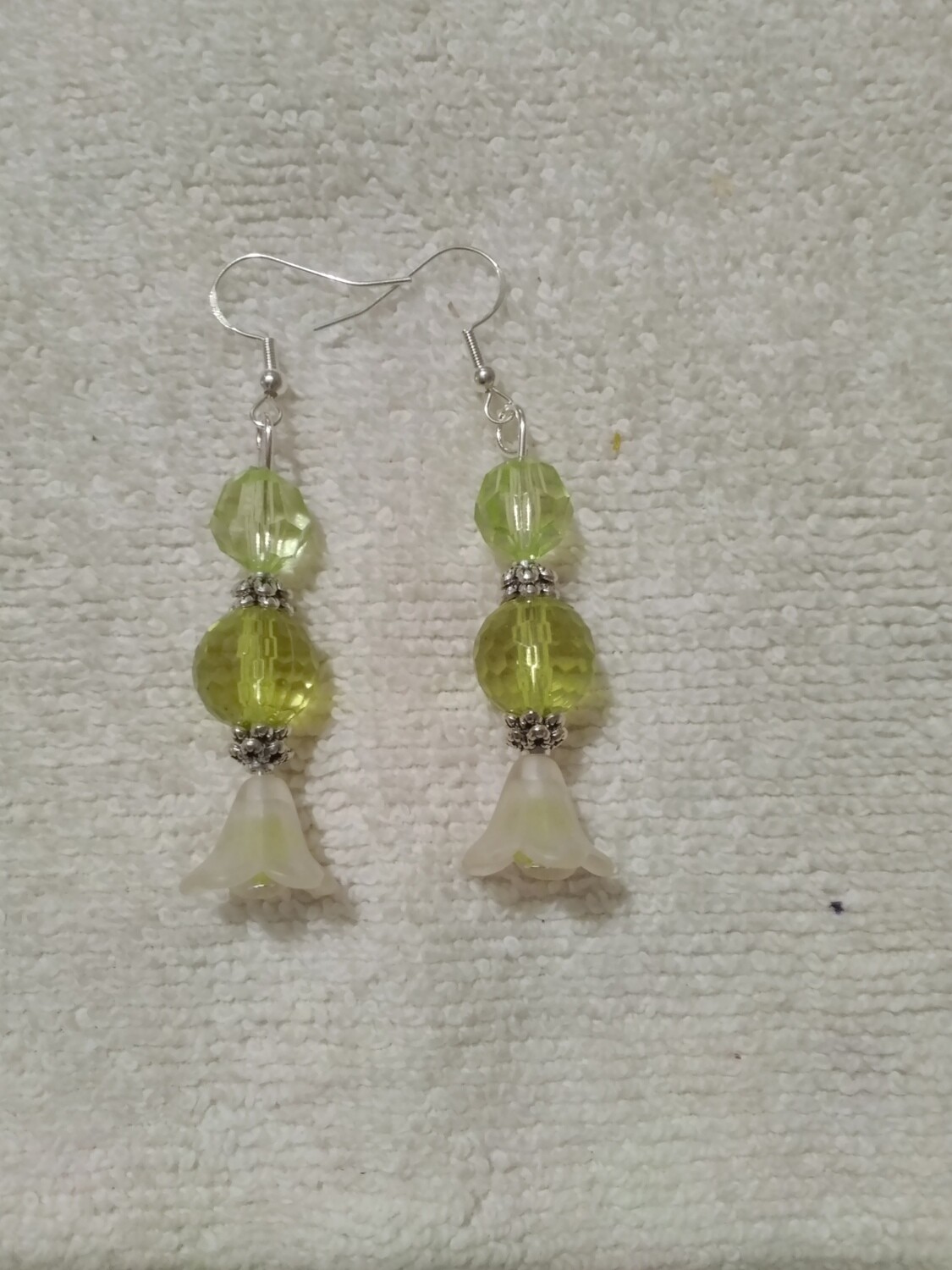 White &amp; Green Beaded Earrings