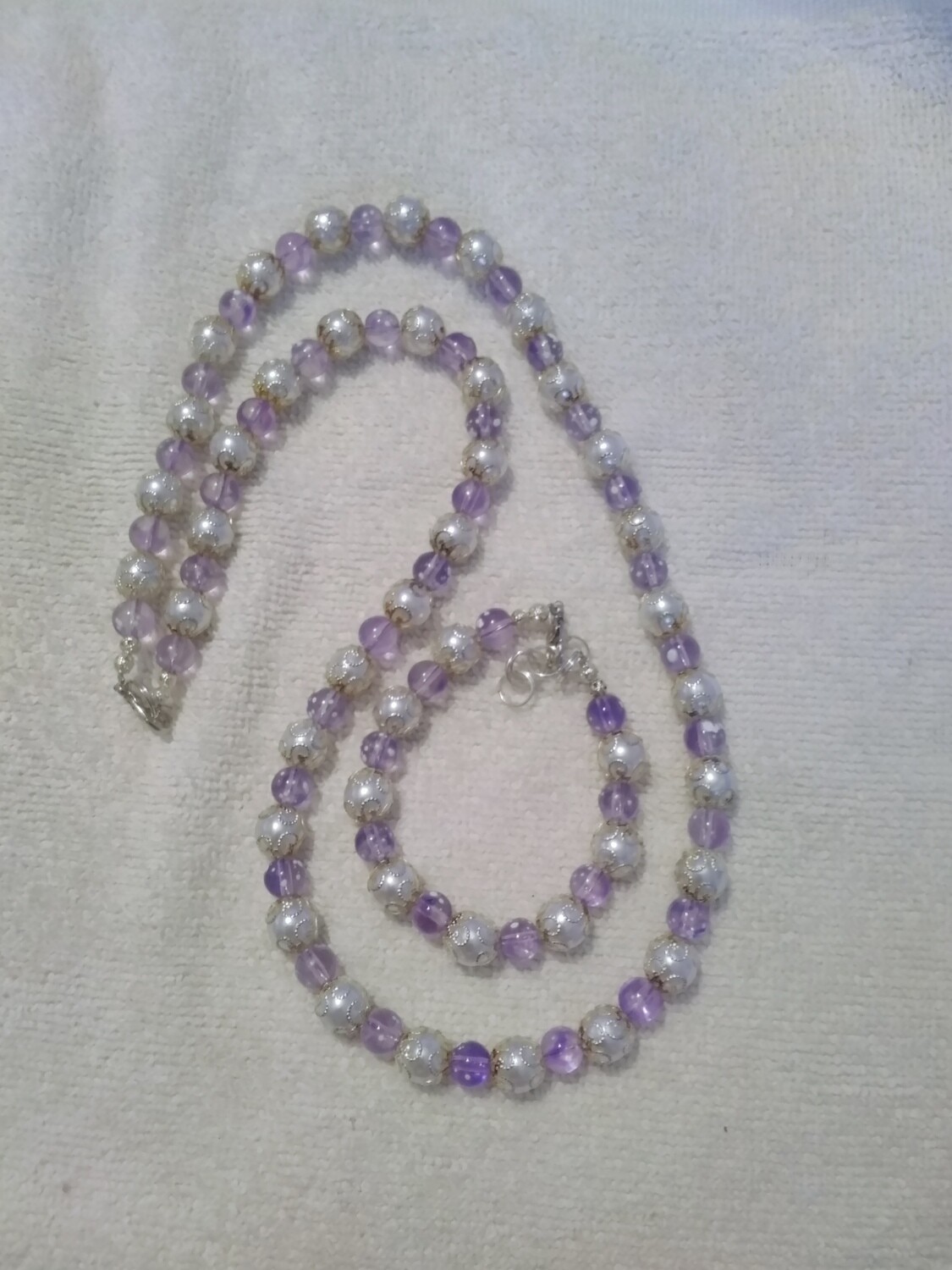 Purple &amp; White Beaded Jewelry Set