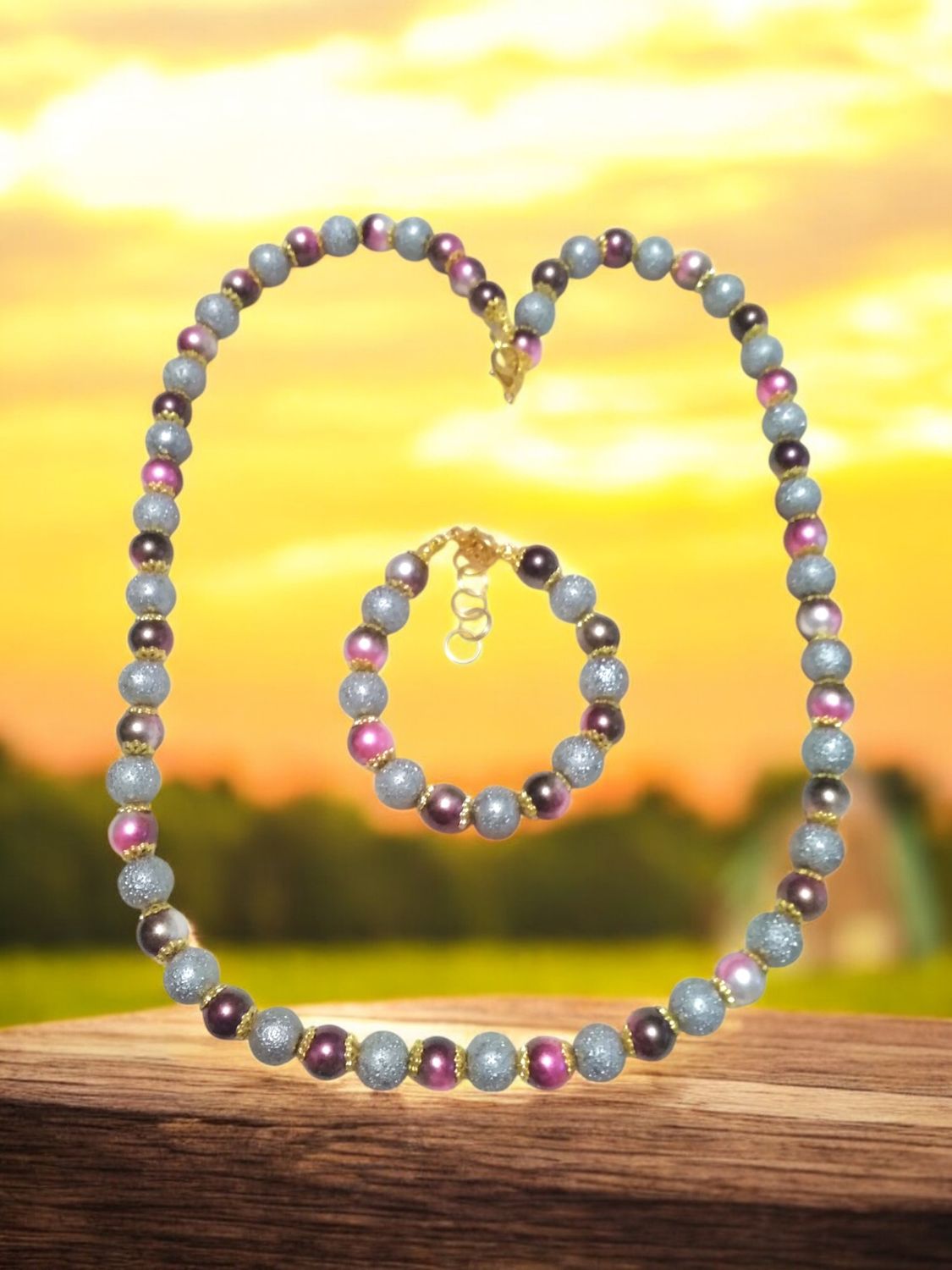 GRAY &amp; MAROON BEADED JEWELRY SET