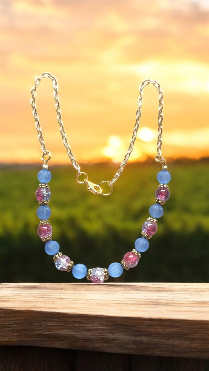 BLUE &amp; PINK BEADED NECKLACE