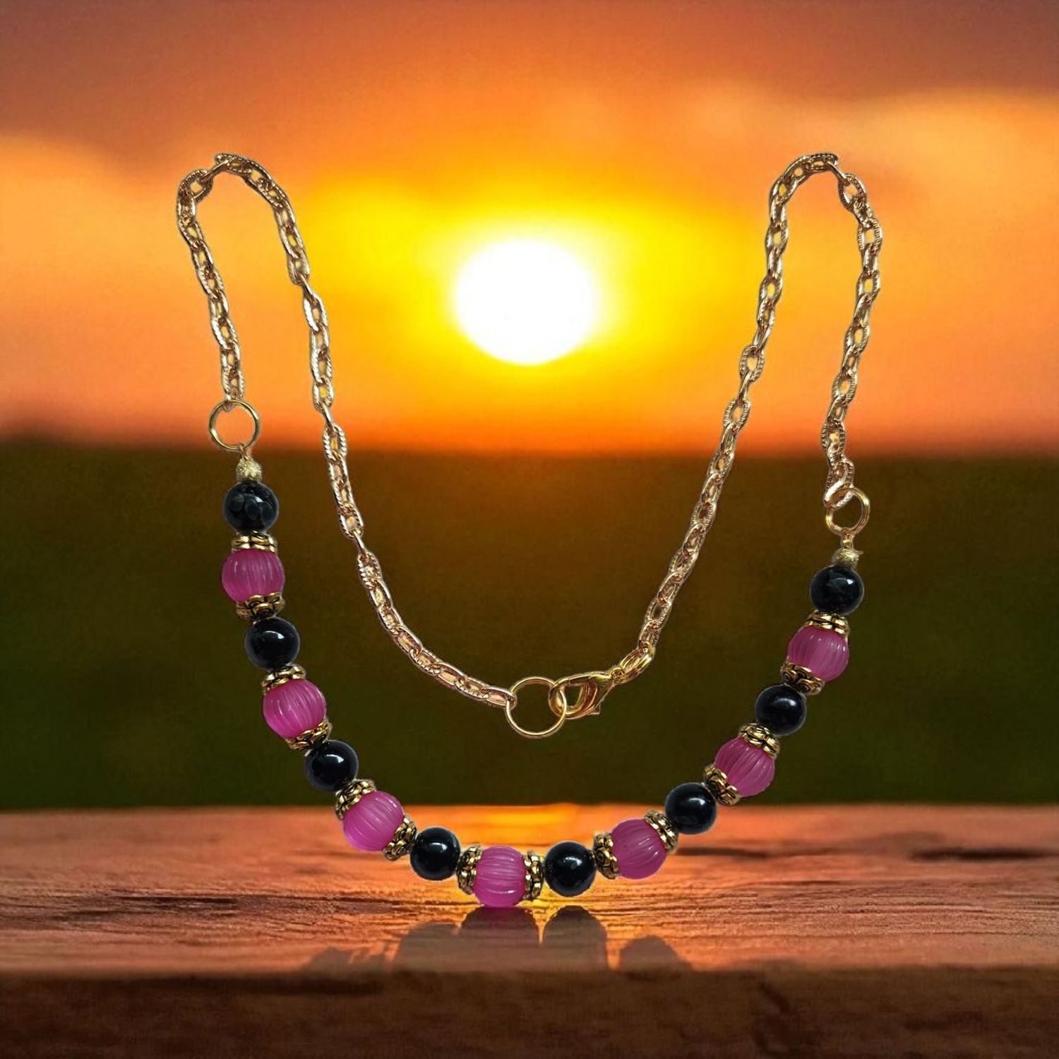 PINK &amp; BLACK BEADED NECKLACE