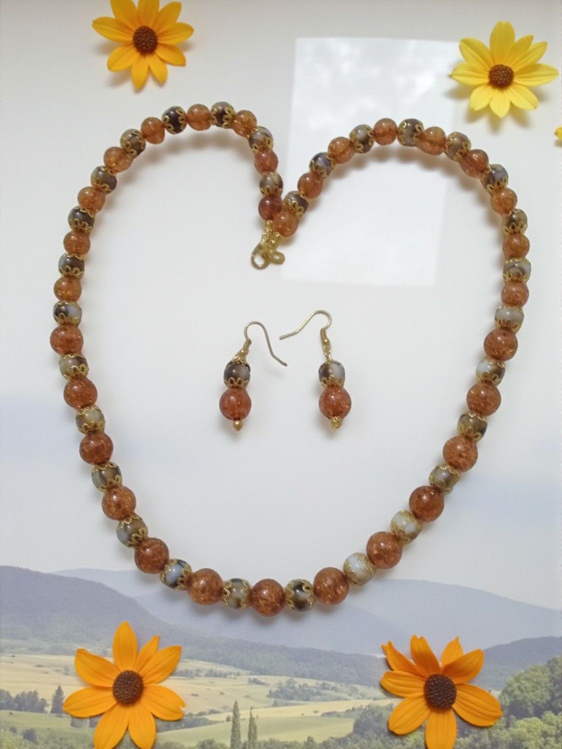 BROWN &amp; WHITE BEADED JEWELRY SET