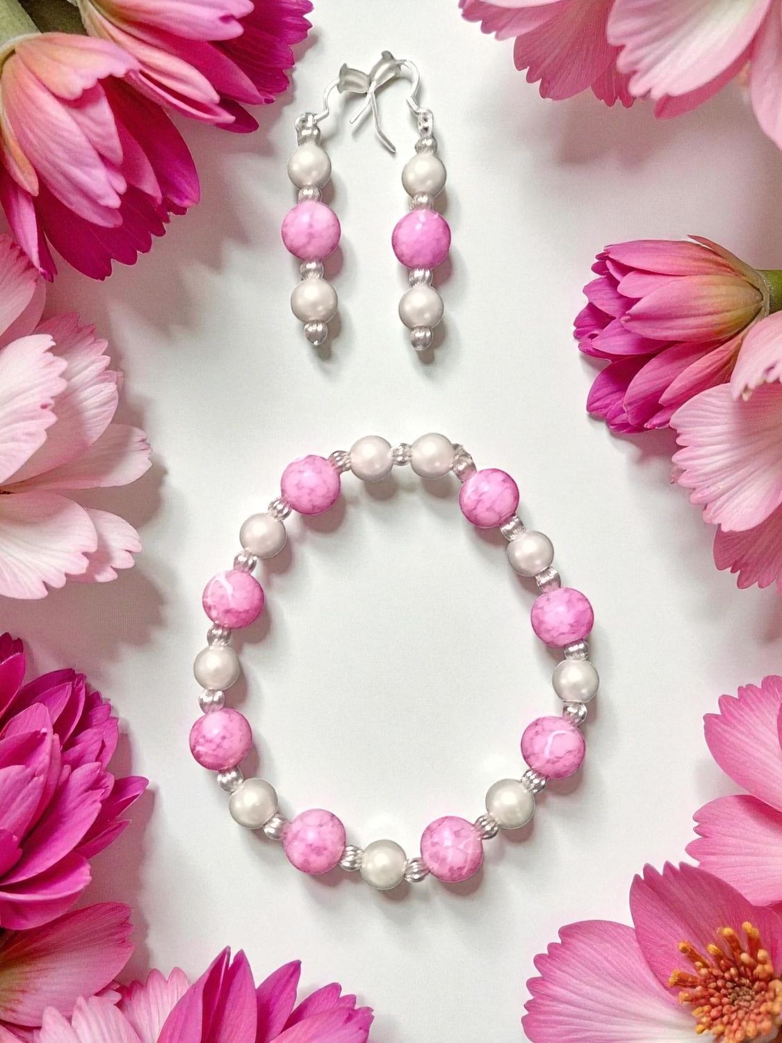 PINK &amp; WHITE BEADED JEWELRY SET