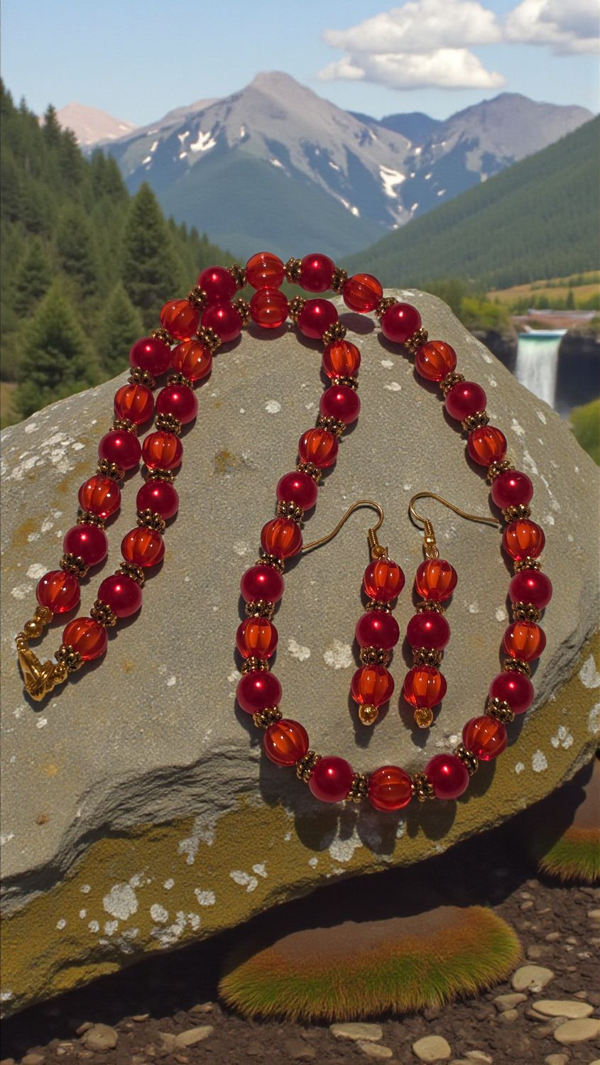 Red Beaded Jewelry Set   (3603)