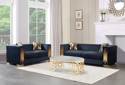 MODERN GOLD/SILVER PLATED VELVET 2 PC SOFA SET