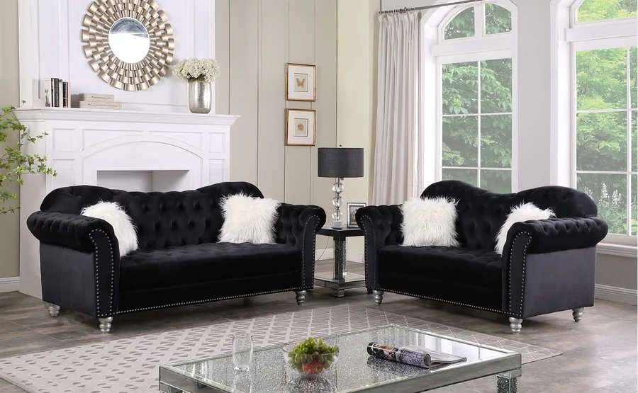 2PC BLACK/GRAY VELVET SOFA SET