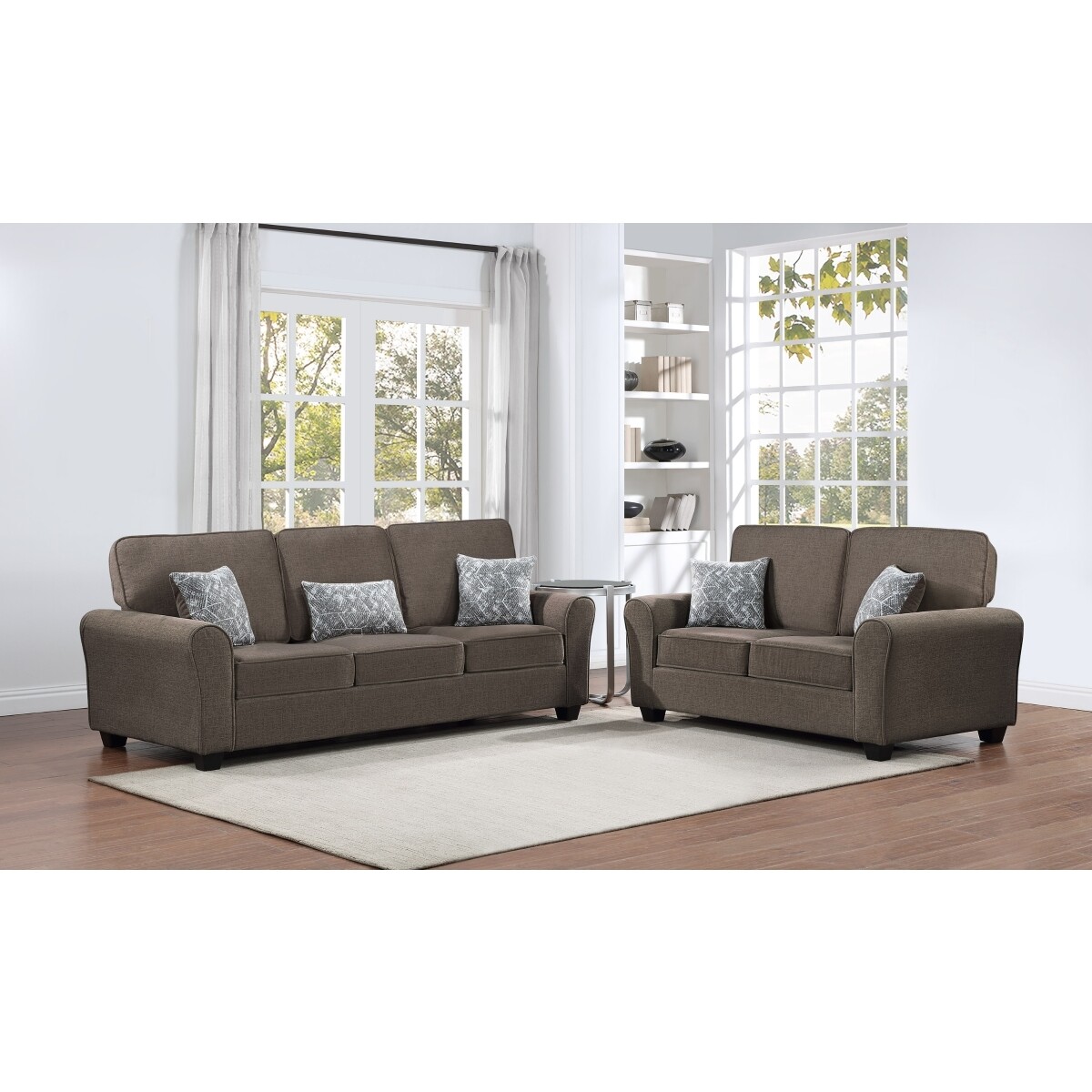 2 PC CUSHIONED FABRIC SOFA SET W 5 ACCENT PILLOWS