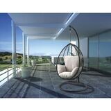 BEIGE FABRIC AND BLACK WICKER PATIO SWING CHAIR