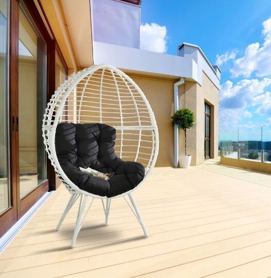 BLACK FABRIC AND WHITE WICKER PATIO LOUNGE CHAIR