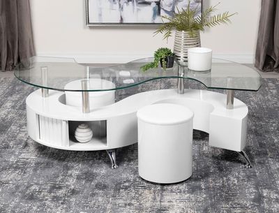 3PC COFFEE TABLE AND STOOLS SET WHITE HIGH GLOSS