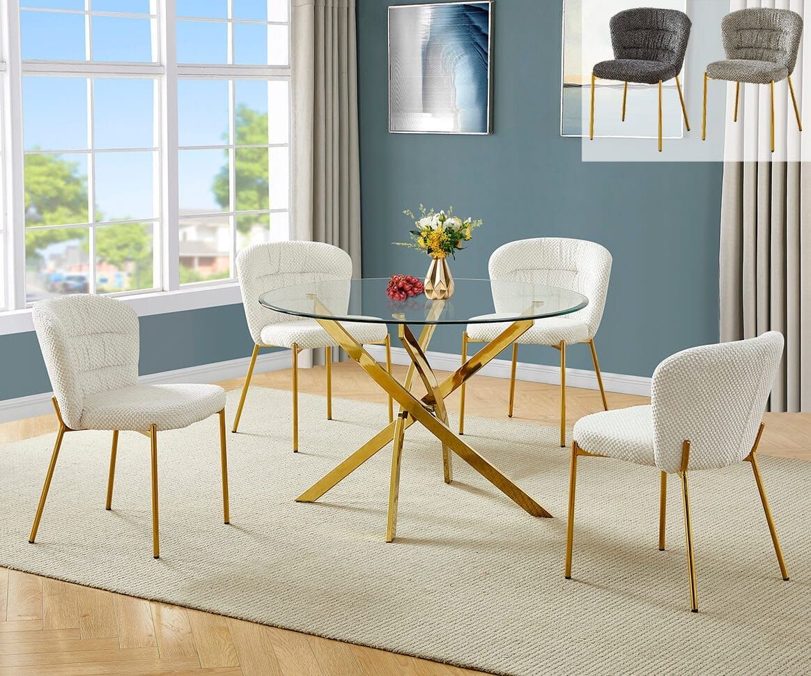 ROUND GLASS DINING SET WITH FLUFFY CHAIRS