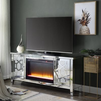SILVER TV STAND WITH FIREPLACE