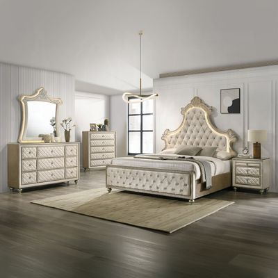 4PC BEIGE VELVET BEDROOM SET