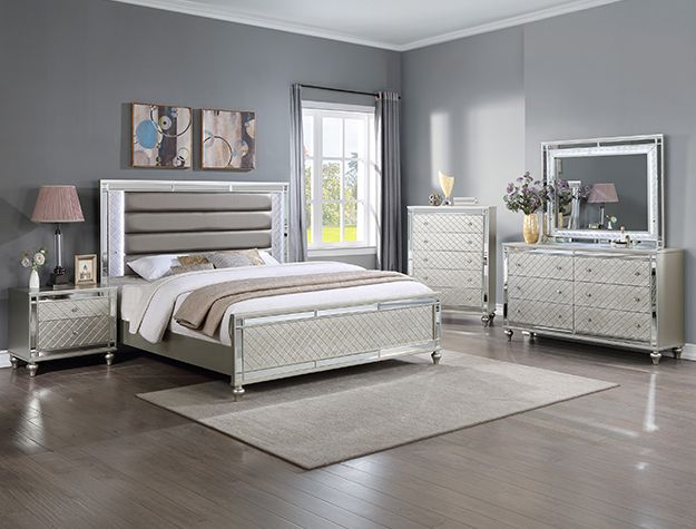 4PC CHAMPAGNE BEDROOM SET WITH LIGHTS