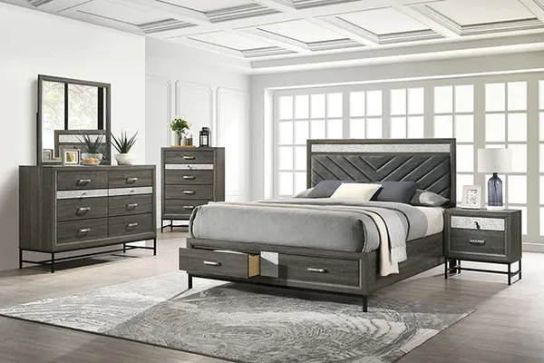 4PC QUEEN GREY BEDROOM SET WITH STORAGE