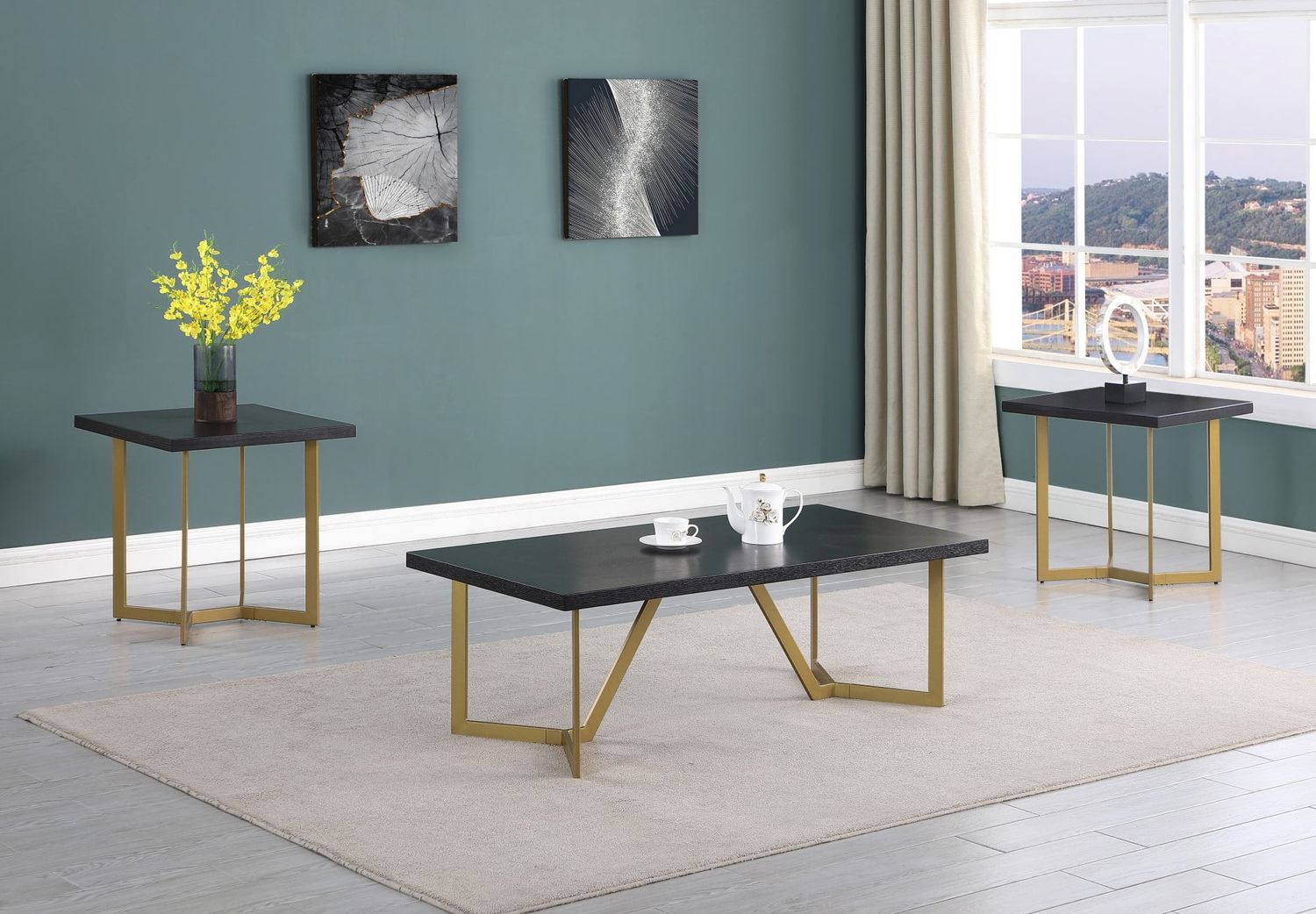 3PC COFFEE TABLE SET BLACK AND GOLD