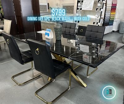 5PC DINING SET BLACK AND GOLD MARBLE