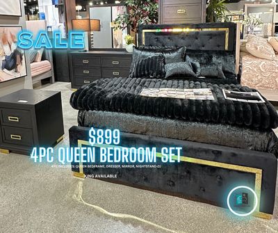 4PC QUEEN BEDROOM SET BLACK AND GOLD