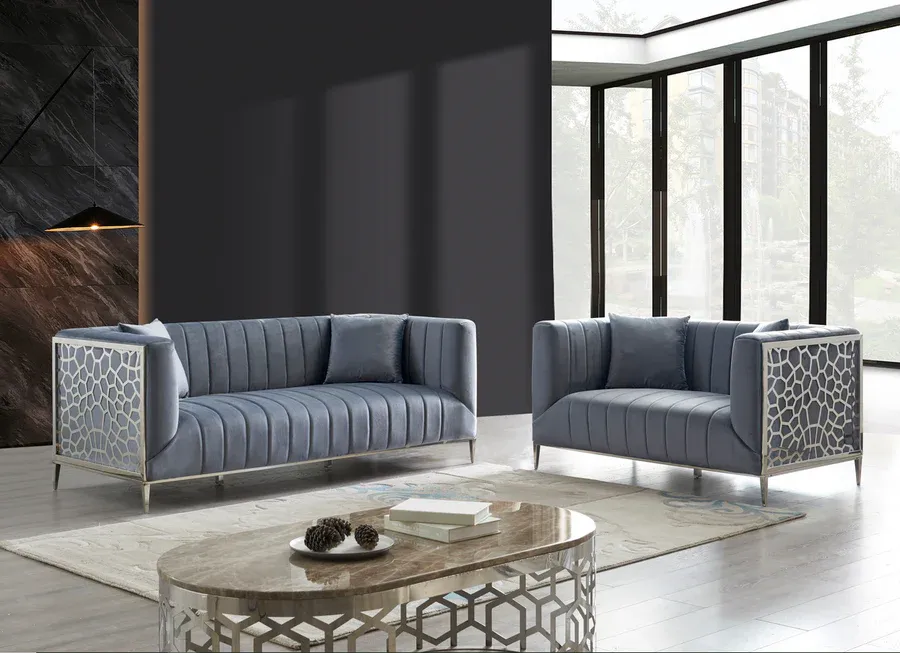 2PC GREY VELVET SOFA SET