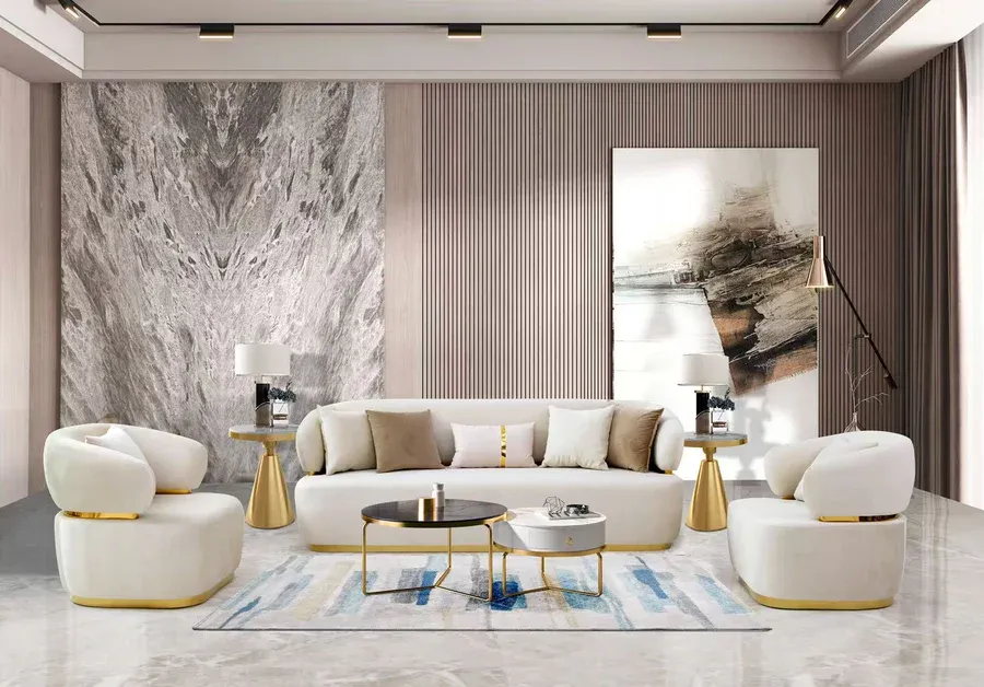 3PC SOFA SET WHITE WITH GOLD TRIM