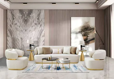 3PC SOFA SET WHITE WITH GOLD TRIM