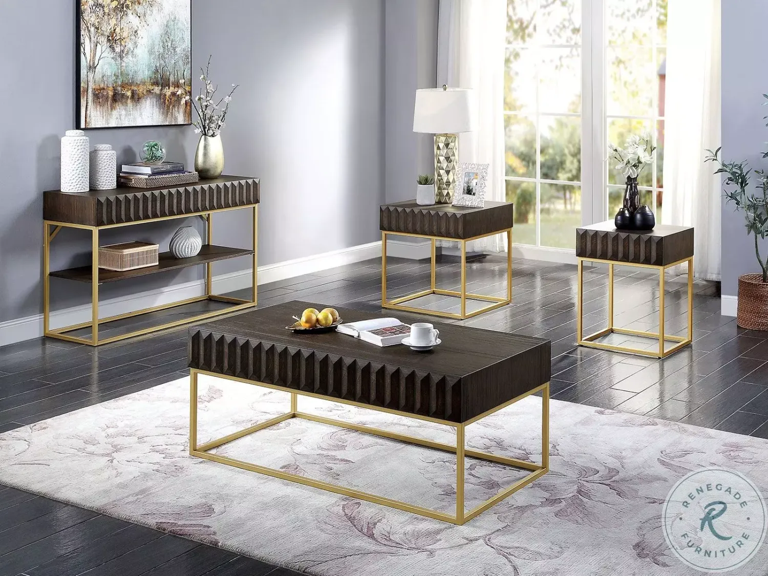 3PC COFFEE TABLE SET WALNUT/GOLD