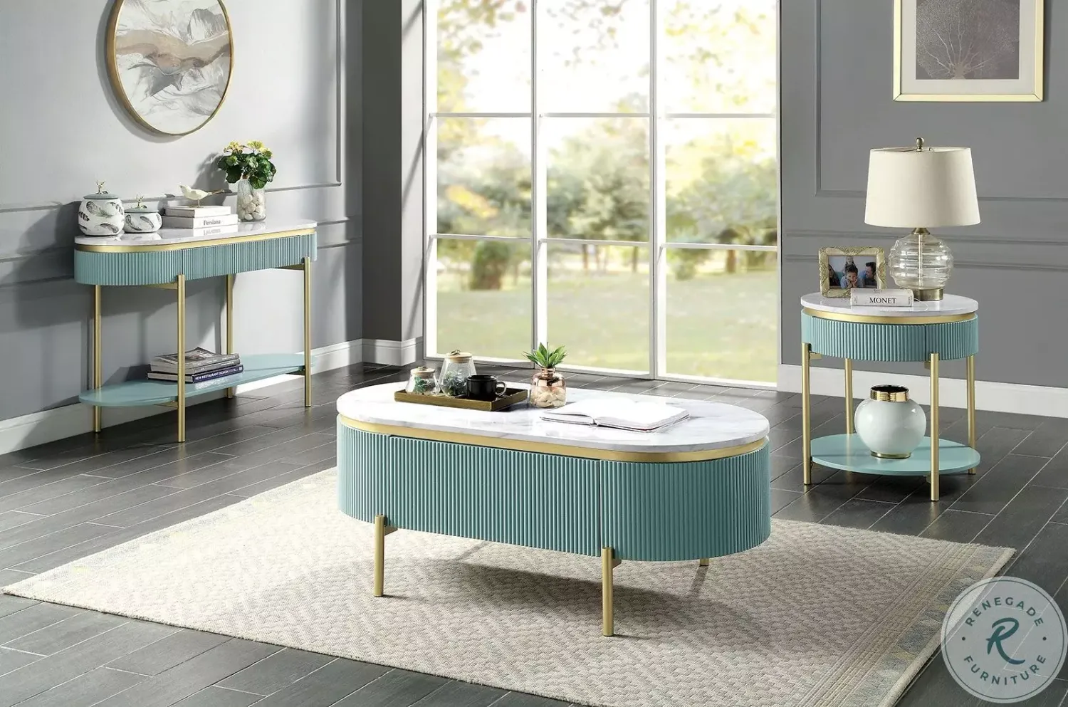 3PC COFFEE TABLE SET MARBLE GOLD AND BLUE