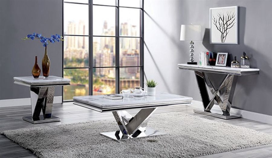 3PC COFFEE TABLE SET MARBLE SILVER