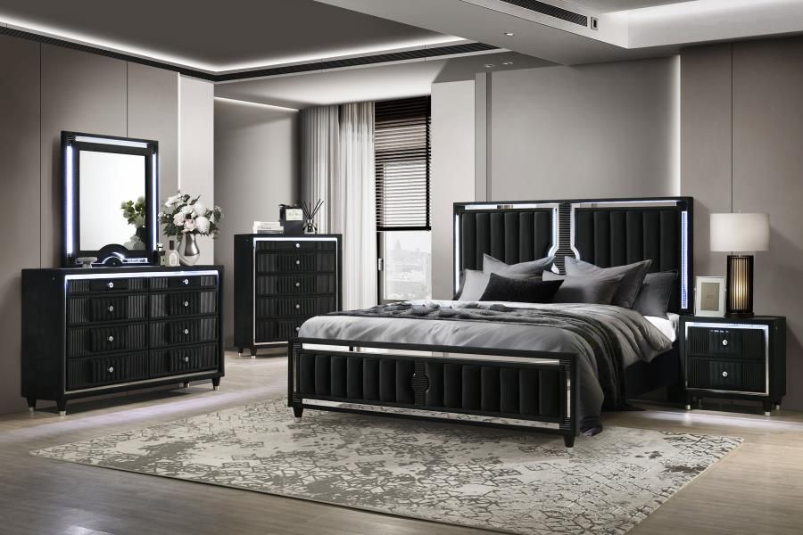 BLACK BEDROOM SET VELVET BLACK WITH LED