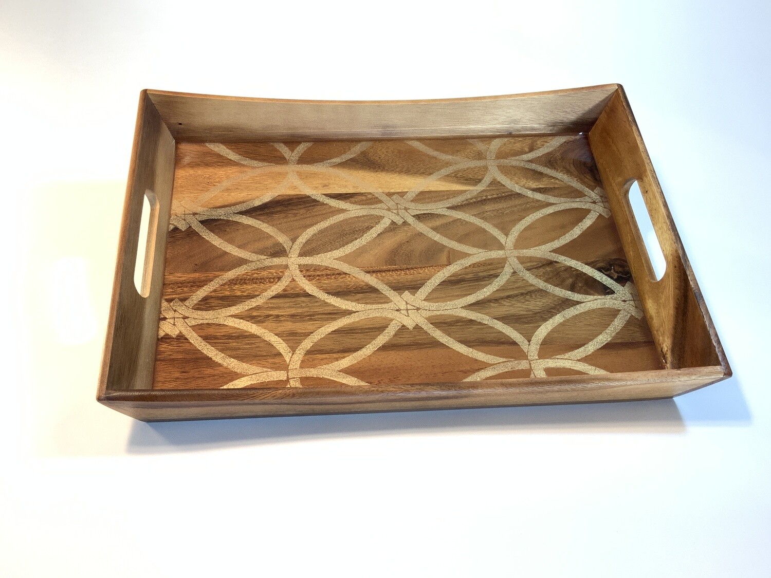 “Gold Ribbons” Hand Painted Acacia Wood Serving Tray