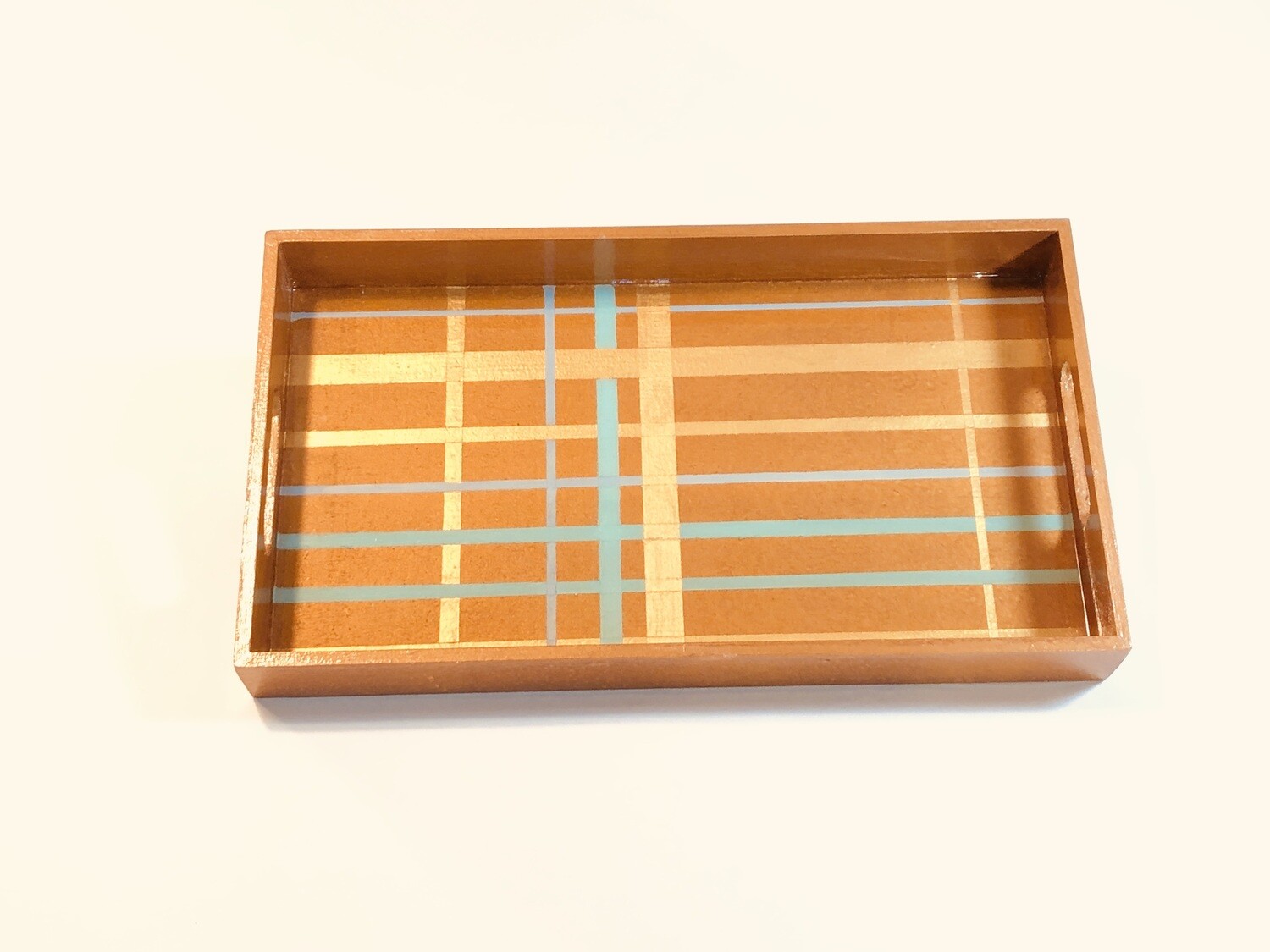 “Coppery Golden Plaid” - Hand Painted Wood Serving Tray