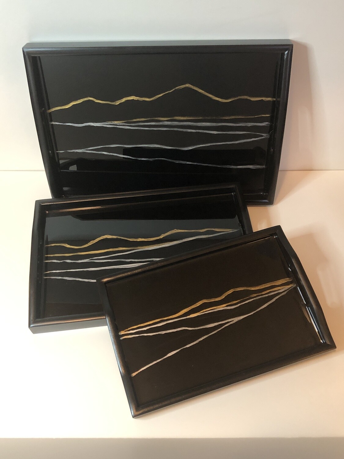 “Landscape Trio” - Hand Painted Black Lacquer Wood Nesting Serving Tray Set