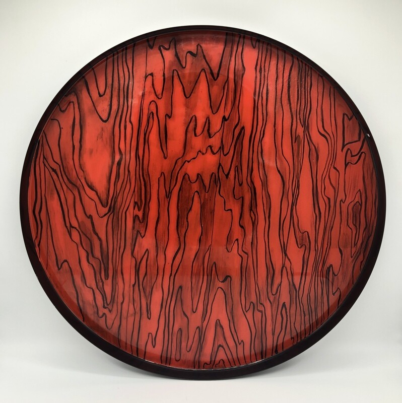 “Red Woodgrain” Hand Painted Metal Side Tray Table