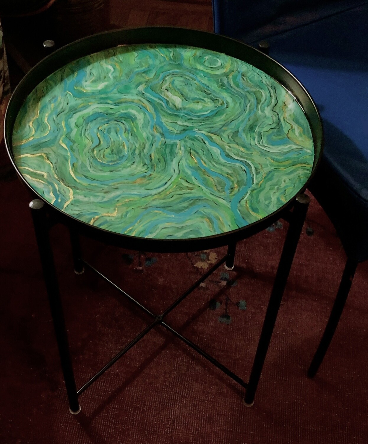 “Agate Vert” Hand Painted Metal Side Tray Table