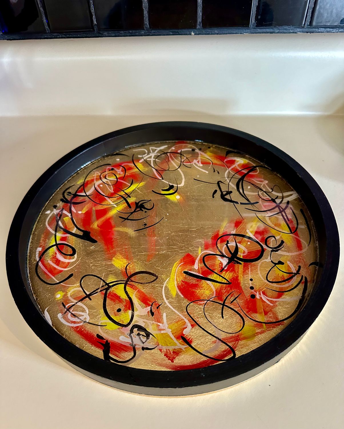 “Gold Leaf with Red Abstract” Round Tray