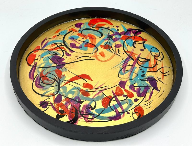 “Gold Leaf with Teal/Red Abstract” Round Tray