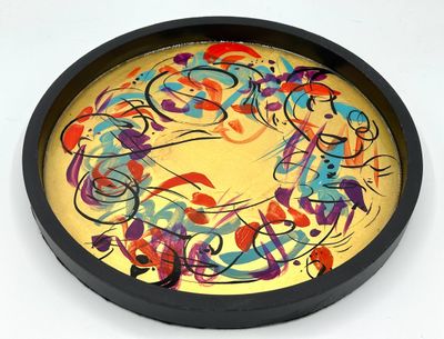 “Gold Leaf with Teal/Red Abstract” Round Tray