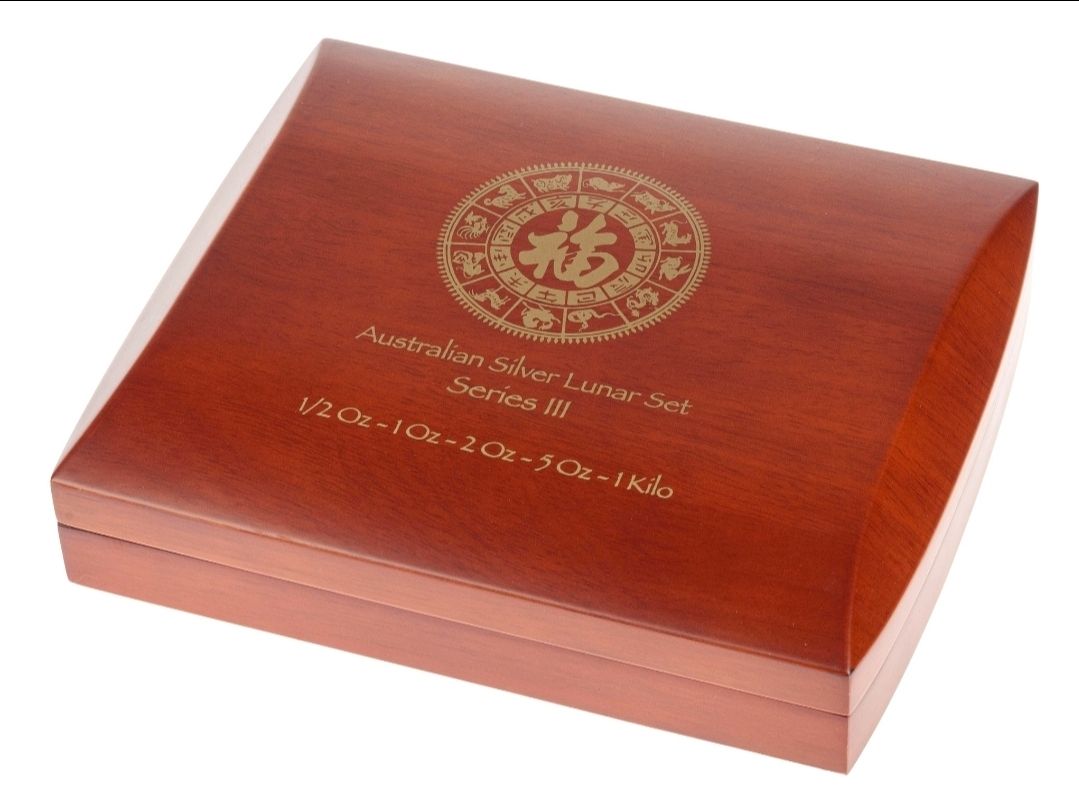 Perth Mint Lunar Series III silver 1/2oz to 1kg hardwood case