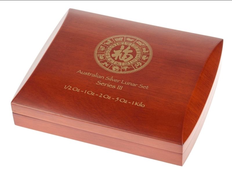 Perth Mint Lunar Series III silver 1/2oz to 1kg hardwood case