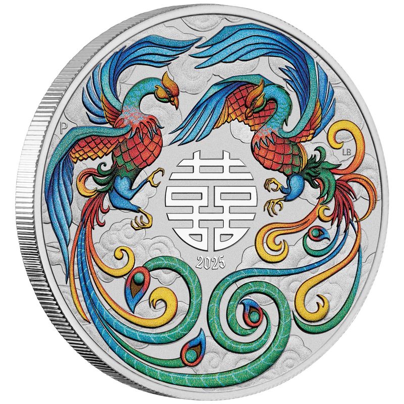 Chinese Myths and Legends 2025 Double Pheonix Vivid 1oz Silver Coloured Coin