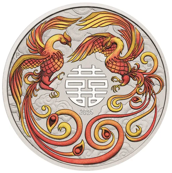 Chinese Myths and Legends 2025 Double Pheonix Red 1oz Silver Coloured Coin