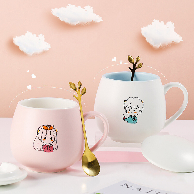 Ly sứ kèm nắp sứ và muỗng Inox kiểu siêu CUTE