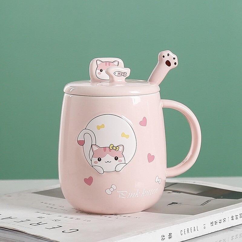 Ly sứ mèo siêu Cute kèm nắp sứ và muỗng Inox