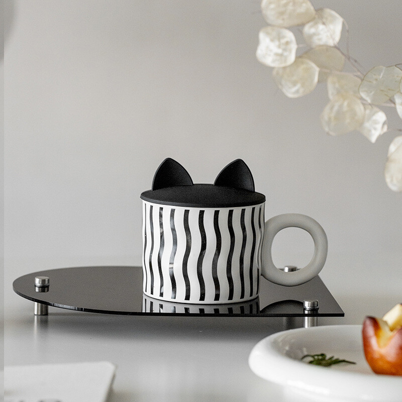350ml Cat Ear Ceramic Mug with Polka Dot and Wave Patterns